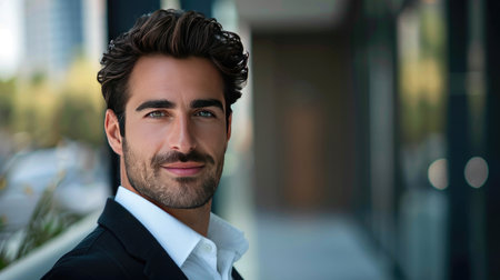 Portrait of handsome businessman in suit looking at camera while standing in officeの素材