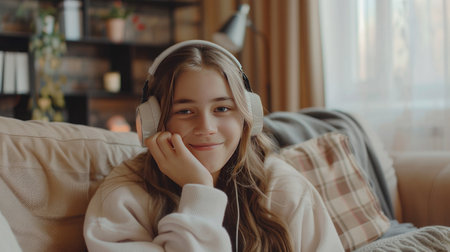 Relaxed young woman listening to music with headphones while lying on sofa at homeの素材