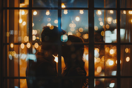 Silhouette of a young couple kissing near the window in the eveningの素材