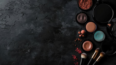 Makeup brushes and cosmetics on black background. Top view with copy spaceの素材