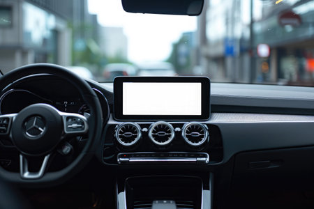 Close-up of a modern vehicle's dashboard featuring a blank infotainment screen, with a blurred street in the backgroundの素材