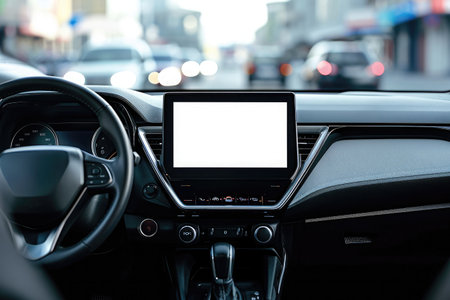 Close-up of a modern vehicle's dashboard featuring a blank infotainment screen, with a blurred street in the backgroundの素材