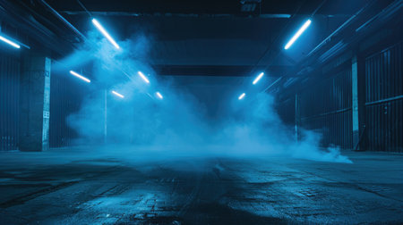 Dark street, wet asphalt, reflections of rays in the water. Abstract dark blue background, smoke, smog. Empty dark scene, neon light, spotlightsの素材
