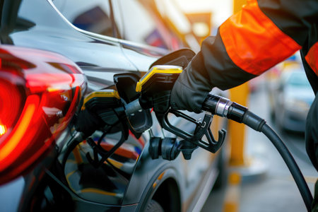 Close-up of a man's hand holding a gas nozzle and filling a car with gasoline at a gas stationの素材