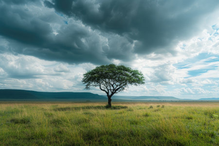 Beautiful landscape with lonely tree on the meadow under cloudy skyの素材