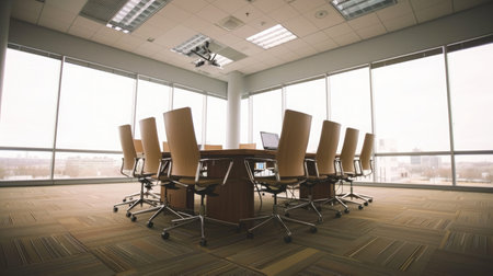 Minimalist corporate conference room featuring a long table, comfortable chairs, and a panoramic view of the city skylineの素材