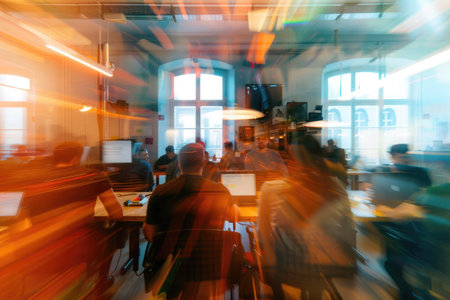 Motion blur captures the dynamic atmosphere in a bustling co-working space filled with professionals and entrepreneursの素材