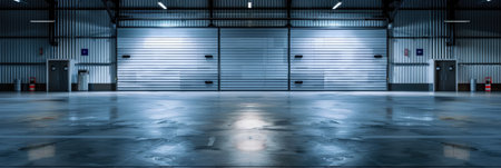 Empty warehouse interior with large windows. with roller shutter door and concrete floor. Industrial backgroundの素材
