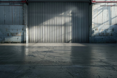 Empty warehouse interior with large windows. with roller shutter door and concrete floor. Industrial backgroundの素材