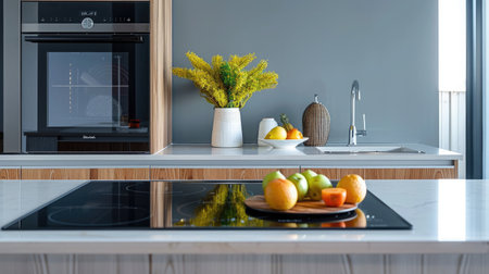 Modern kitchen interior design with granite countertop Digital composite on induction hob in modern kitchenの素材