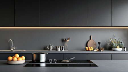 Modern kitchen interior design with granite countertop Digital composite on induction hob in modern kitchenの素材