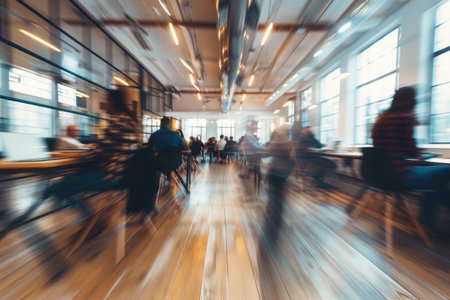 Motion blur captures the dynamic atmosphere in a bustling co-working space filled with professionals and entrepreneursの素材