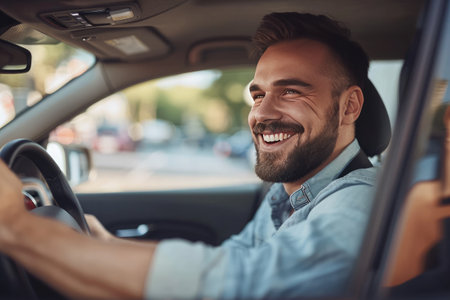 Affable young man with a neat beard enjoying his drive, with sun rays illuminating his car's interior.showcasing safe driving with a seatbeltの素材