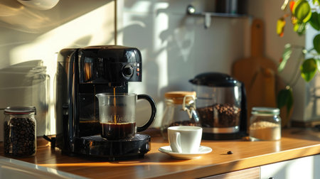 Coffee machine making coffee in the modern kitchen at homeの素材