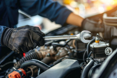 Auto mechanic repairing car engine in auto repair shop. Car service and maintenance concept.の素材