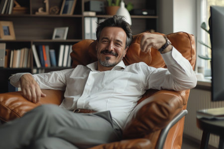 Successful businessman celebrating his success while sitting at his desk in officeの素材