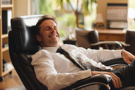 Successful businessman celebrating his success while sitting at his desk in officeの素材