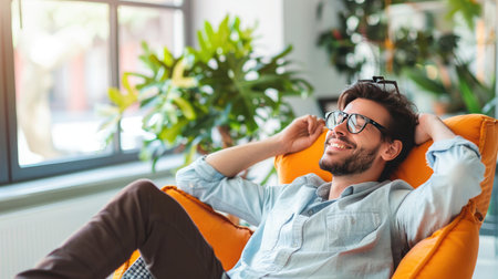 Successful businessman celebrating his success while sitting at his desk in officeの素材