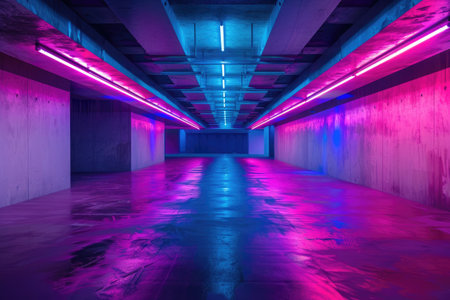 empty underground parking lot with neon lightsの素材