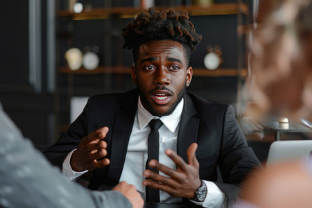 Businessman talking to colleagues during meeting in office. Business people having conversation at workplace. Teamwork conceptの素材