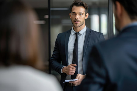 Businessman talking to colleagues during meeting in office. Business people having conversation at workplace. Teamwork conceptの素材