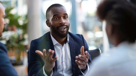 Businessman talking to colleagues during meeting in office. Business people having conversation at workplace. Teamwork conceptの素材
