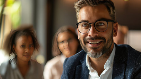 Businessman talking to colleagues during meeting in office. Business people having conversation at workplace. Teamwork conceptの素材