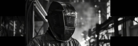 Welder working with protective mask welding metal in the factory. Metalwork manufacturing and construction conceptの素材