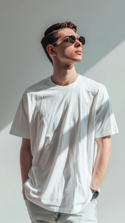 Handsome young man in white t-shirt and sunglasses on white backgroundの素材