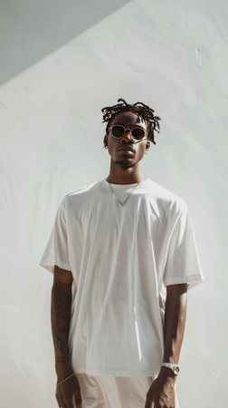 Handsome young man in white t-shirt and sunglasses on white backgroundの素材