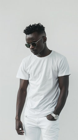 Handsome young man in white t-shirt and sunglasses on white backgroundの素材