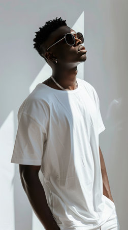 Handsome young man in white t-shirt and sunglasses on white backgroundの素材