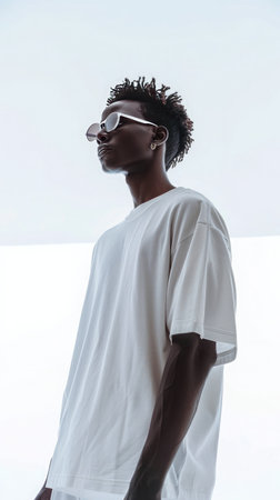 Handsome young man in white t-shirt and sunglasses on white backgroundの素材
