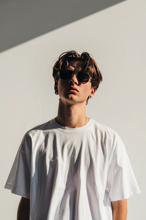 Handsome young man in white t-shirt and sunglasses on white backgroundの素材