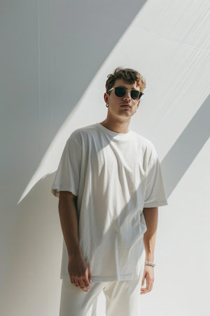 Handsome young man in white t-shirt and sunglasses on white backgroundの素材