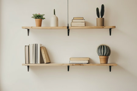 Wooden shelf with books and cactus - vintage effect style picturesの素材