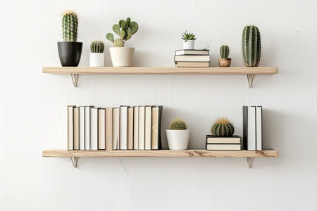 Wooden shelf with books and cactus - vintage effect style picturesの素材