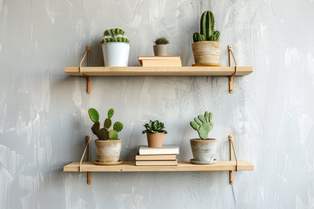 Wooden shelf with books and cactus - vintage effect style picturesの素材