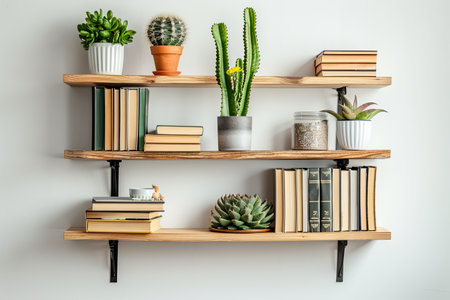 Wooden shelf with books and cactus - vintage effect style picturesの素材