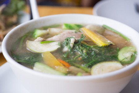 A kind of Thai curry name Kang Om, thick soup made from spices and vegetables with your choice of meatの写真素材