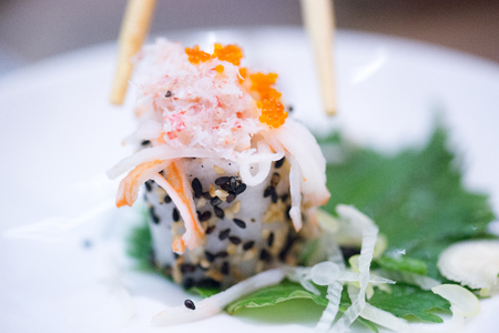 Focus soft of fresh sushi on white discの写真素材