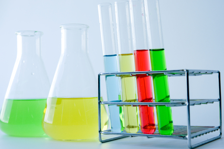Laboratory glassware with colorful liquids for chemical experimental in laboratory, analysis research, science backgroundの写真素材