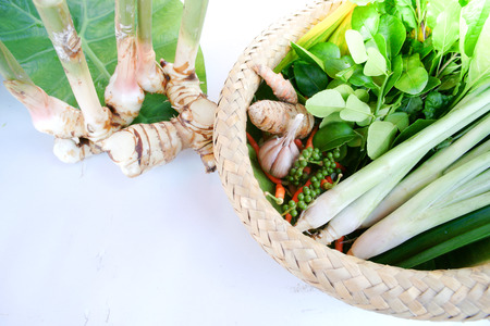 The herb and spice ingredients on white tableの写真素材