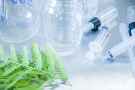 Plant leaf with  Laboratory glassware and syringe in laboratory for chemical experimental.の写真素材