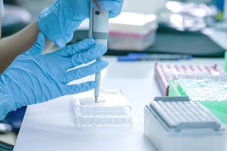 Scientist pipette dropping a sample into a test microtiter plate.