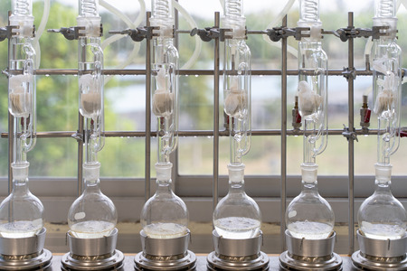 Soxhlet Extractor.Percolator-boiler and reflux,distillation flask on heating element.Organic chemistry class.Pharmacy Extraction.の写真素材