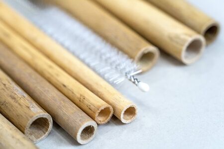 Nature drinking straws from bamboo wood for reusable and reduce the use of plastic straw. Reduce plastic waste in environment.の写真素材