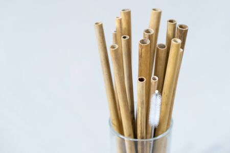 Nature drinking straws from bamboo wood for reusable and reduce the use of plastic straw. Reduce plastic waste in environment.の写真素材