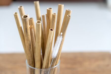 Nature drinking straws from bamboo wood for reusable and reduce the use of plastic straw. Reduce plastic waste in environment.の写真素材