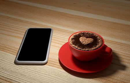 3D rendering mock up moblie phone and red coffee cup on wood table.の写真素材